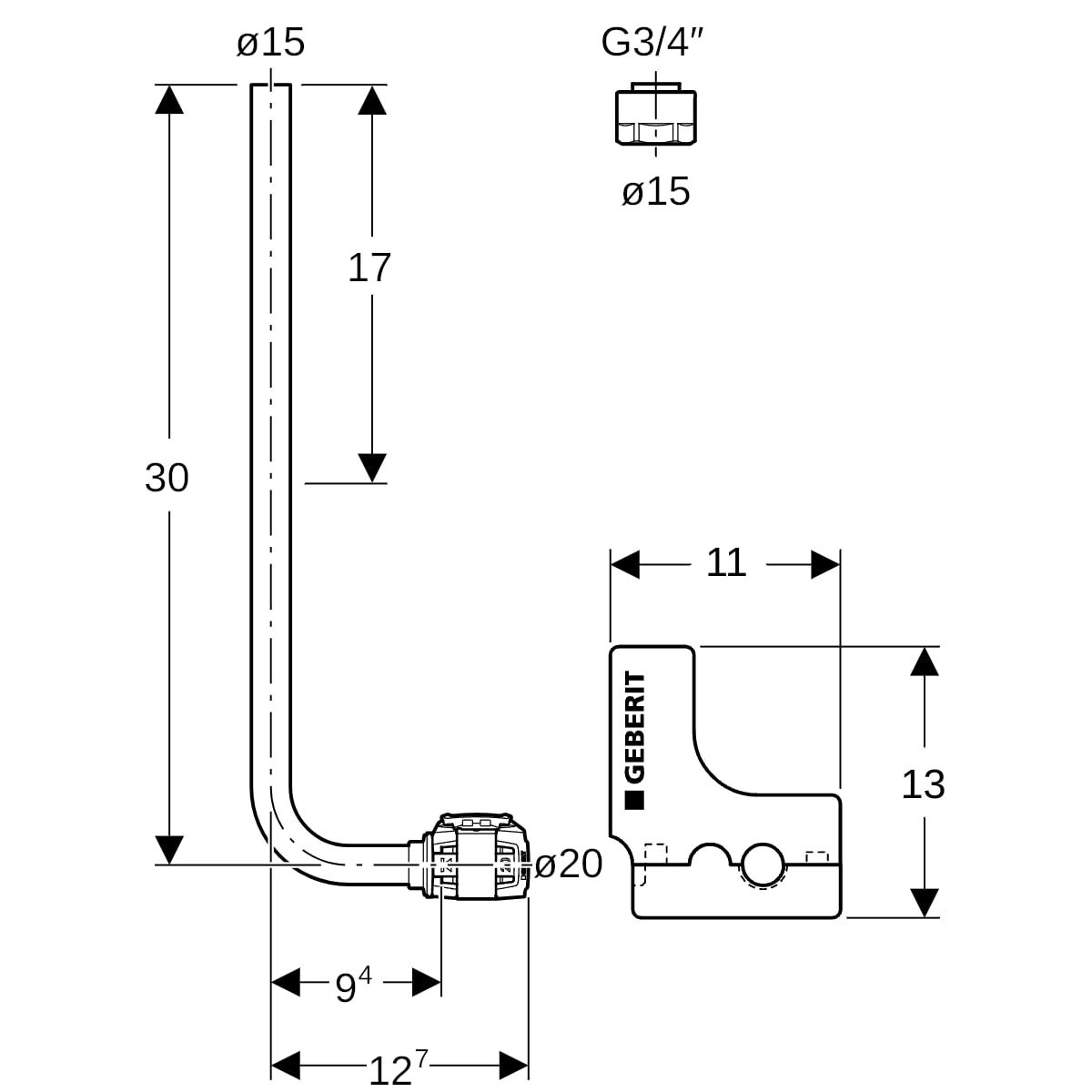 Geberit Metallrohr-Anschlussbogen FlowFit Ø 20/15 mm x G 3/4, 300 mm, 90Grad