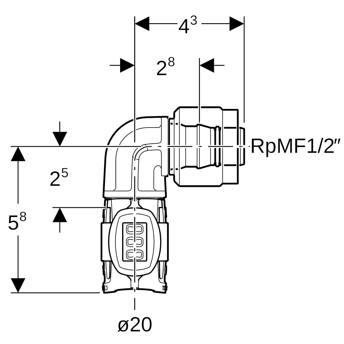 Geberit Übergangswinkel FlowFit mit Masterfix, Ø 20 mm, 90Grad