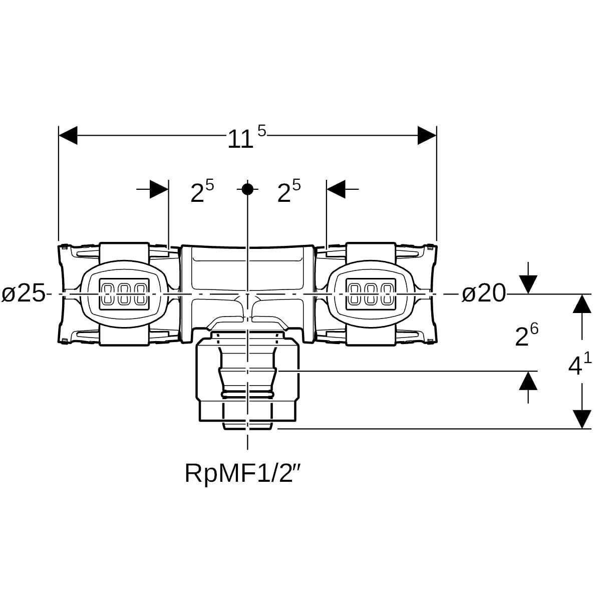 Geberit Übergangs-T-Stück FlowFit Ø 25 mm x Rp MF 1/2 x 20 mm, mit MasterFix, Durchgang