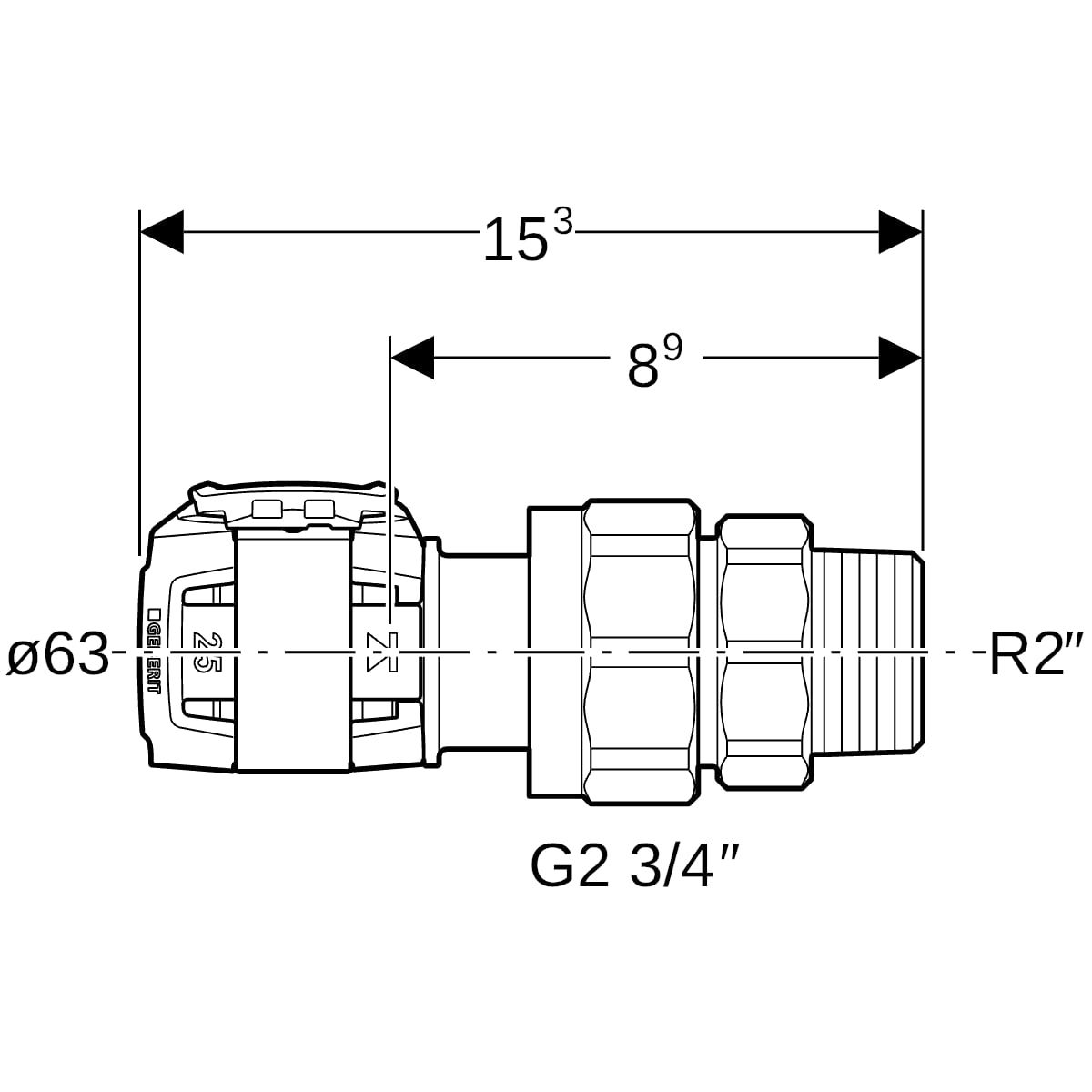 Geberit Übergangsverschraubung FlowFit Ø 63 mm, R 2, G 2 3/4, mit Außengewinde