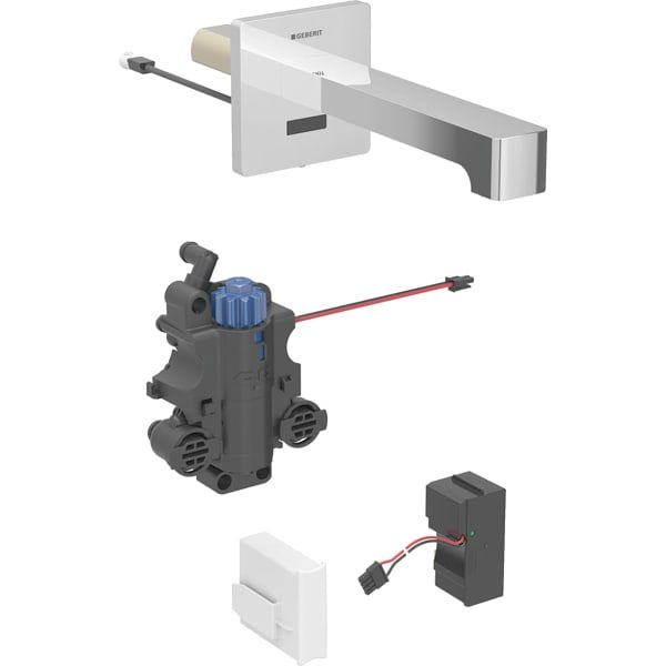 Geberit Infrarot-Waschtisch-Armatur Brenta 22 cm, Wandmontage, Netzbetrieb, UP-Funktionsbox, mit Thermostatmischer, hochglanz-verchromt