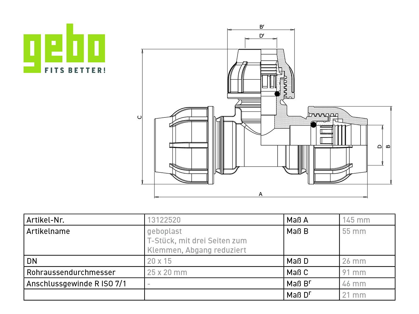 Gebo Plast T-Stück 25 x 20 x 25 mm, Abgang reduziert, 3 Seiten zum Klemmen