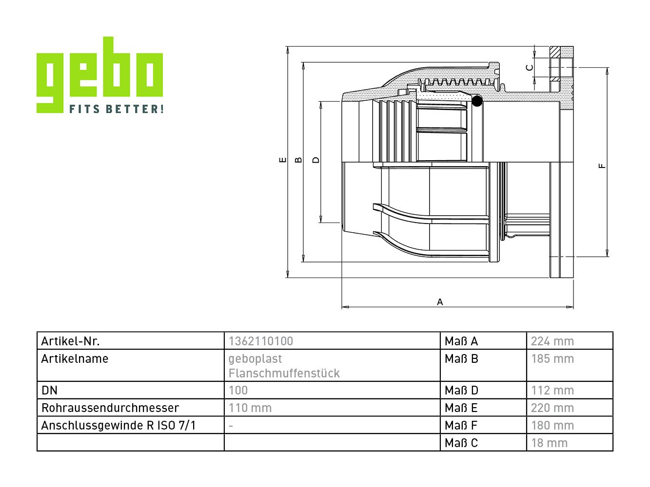 Gebo Plast Flanschmuffenstück 110 mm x DN 100, PN 10/16
