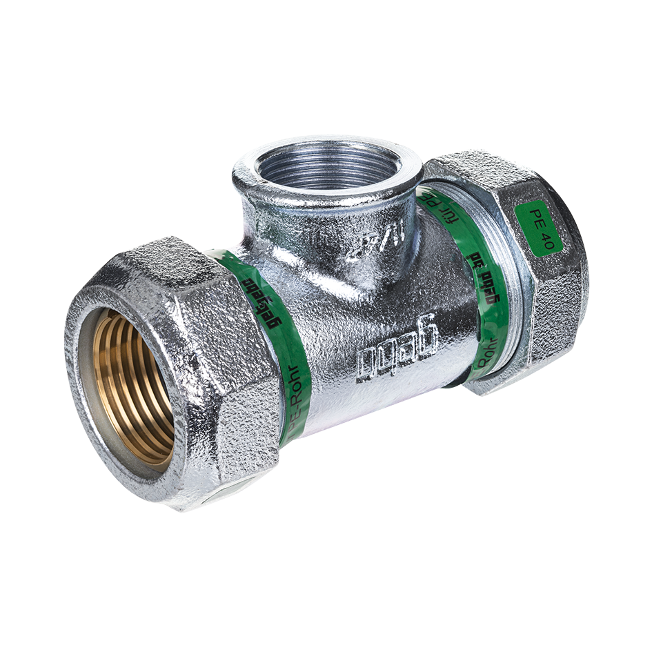 Gebo Temperguss Klemmverbinder T Serie 155 32 mm x 1" x 32 mm, beidseitig, Abgang IG, PE/PE-Übergang