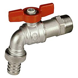 Giacomini Kugelauslaufhahn R620 3/4", Messing verchromt, mit Schlauchverschraubung, Flügelgriff rot
