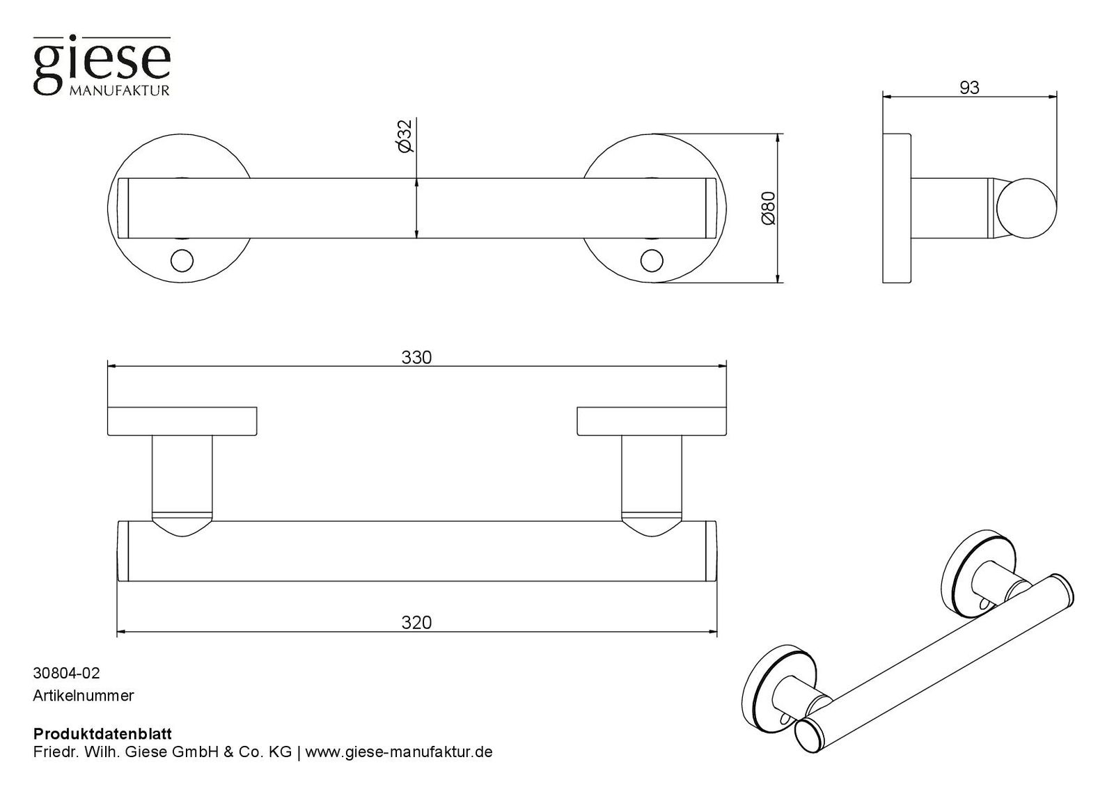 Giese Haltegriff für Dusche und Wand 330x80x93mm, verchromt