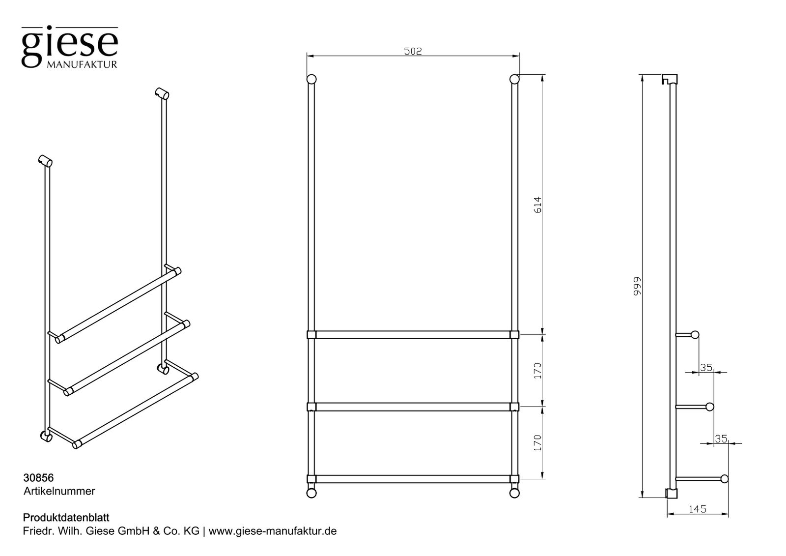 Giese Badetuchhalter Server mit 3 Stangen, 502x999x145mm, schwarz matt