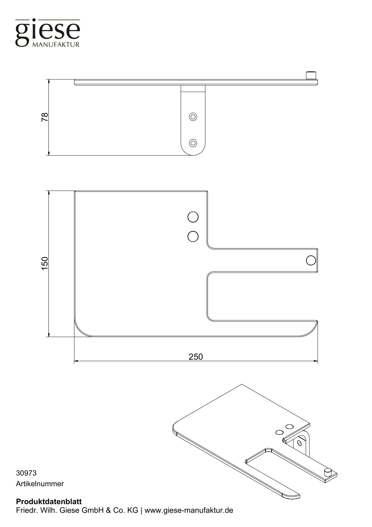 Giese Papierhalter Version rechts, mit Ablagefläche, Holzoptik, schwarzer Kern, 250x150x78mm, schwarz matt
