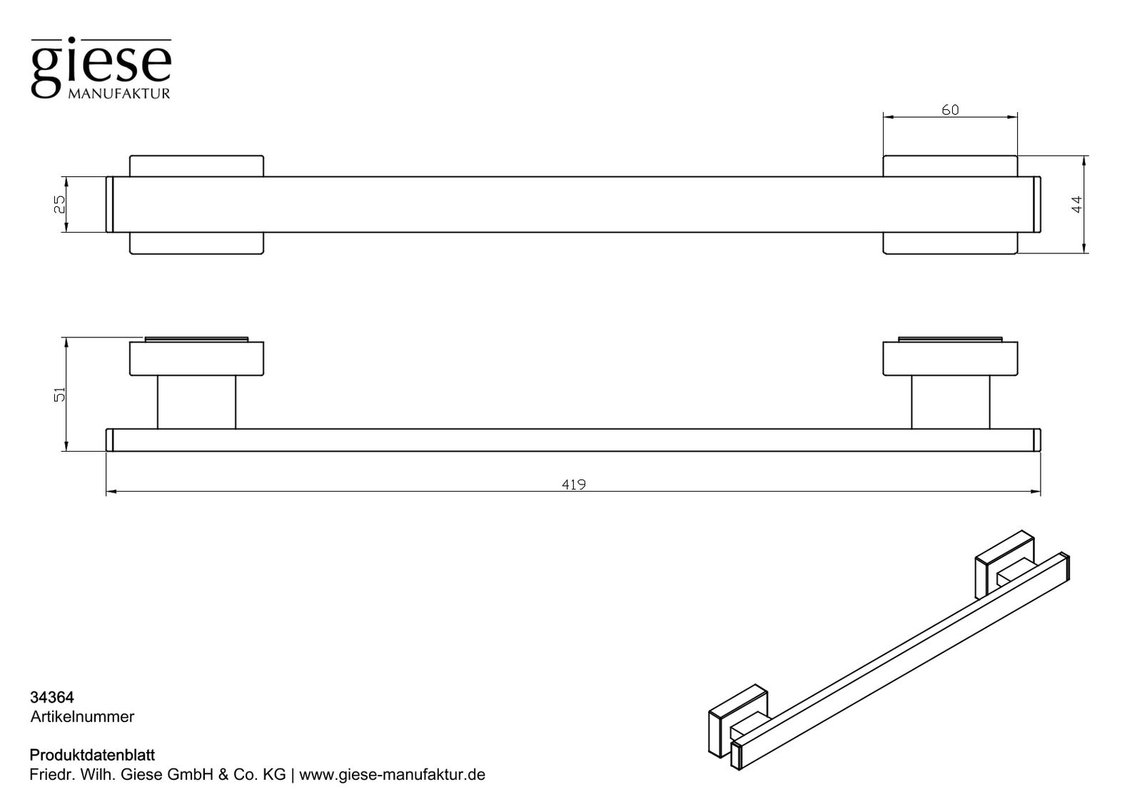 Giese Handtuchhalter mit Magnet, für Heizkörper, 419x51x25mm, schwarz matt