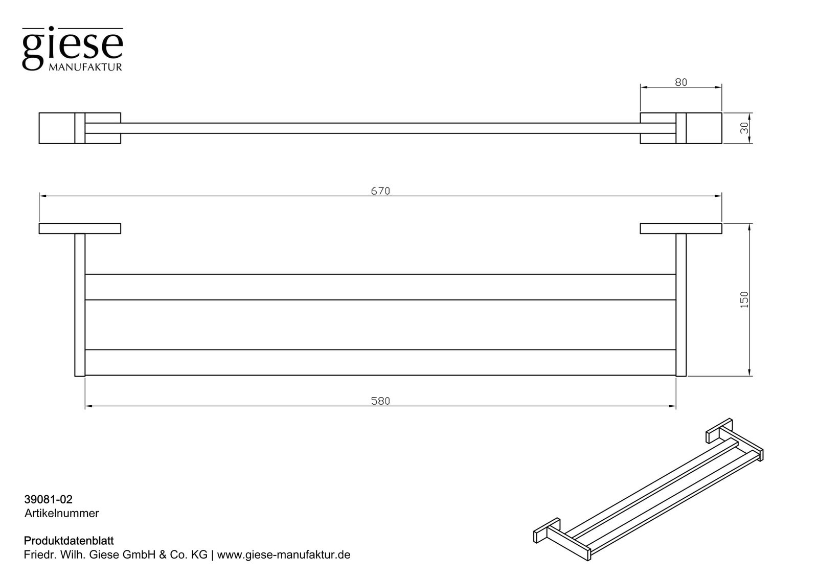 Giese Badetuchhalter Gifix Tono 670x150x30mm, doppelt, verchromt