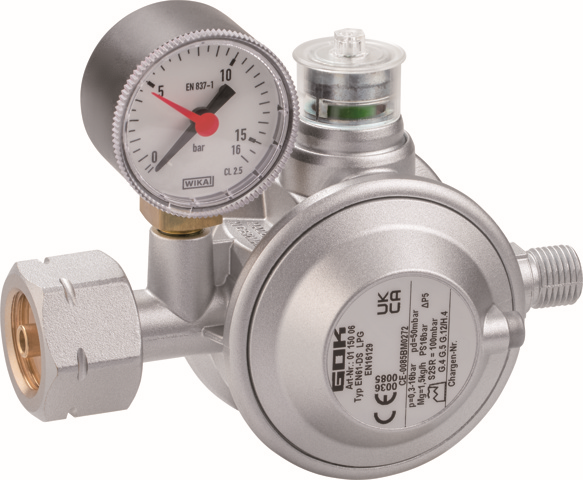 GOK Niederdruckregler Typ EN61-DS Komb. A x G 1/4 LH-KN, 29 mbar, 1,5 kg/h, mit Manometer, gerade