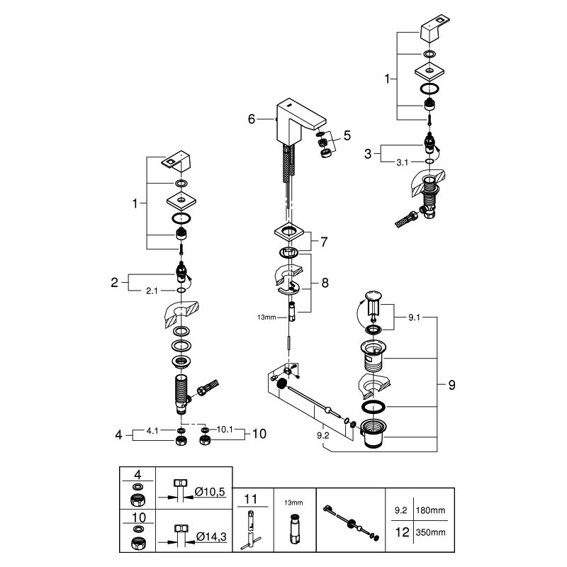 GROHE Waschtisch-3-Loch-Armatur Eurocube 1/2", mit Ablaufgarnitur, hard graphite gebürstet