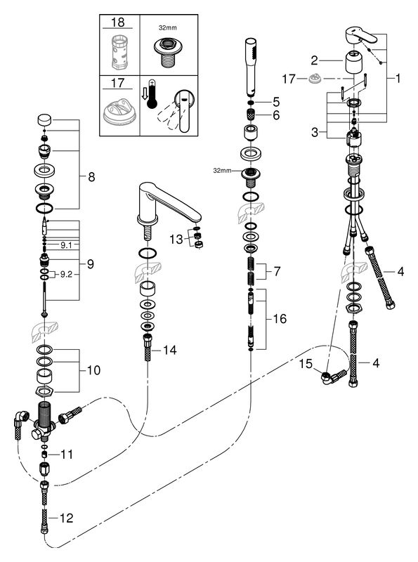 GROHE 4-Loch-Wannenkombination Eurostyle Cosmopolitan Auslauf Aufnahme vormontiert, Umstellung Wanne/Brause, chrom