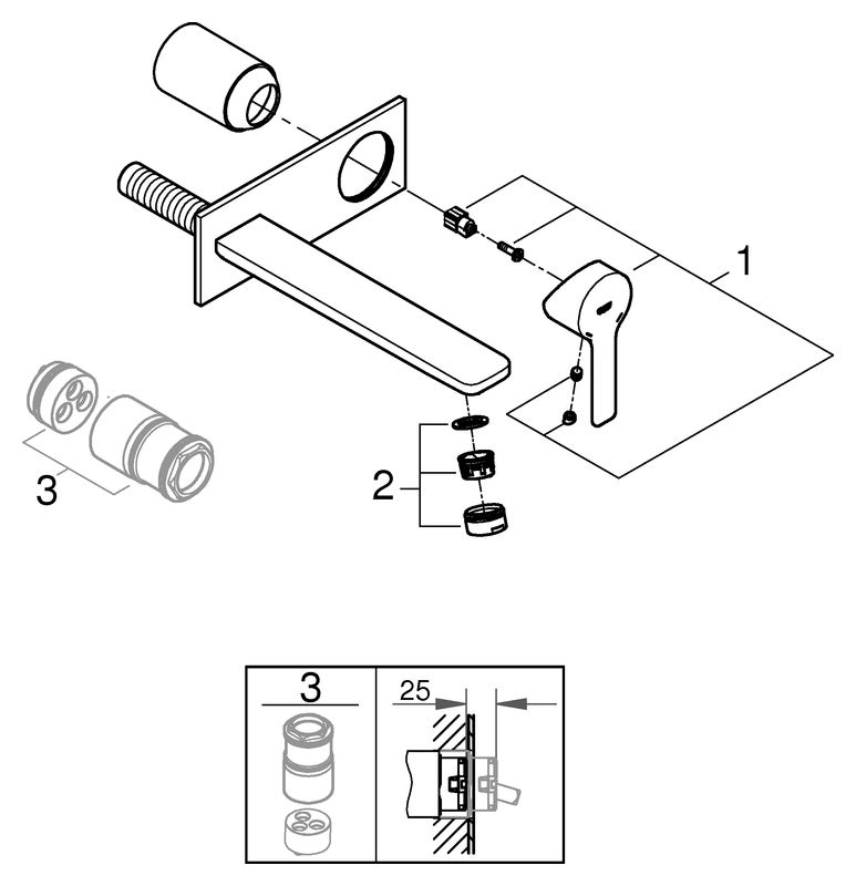 GROHE Fertigmontageset Lineare UP-2-Loch-Waschtisch-Wandarmatur, Ausladung 20,7cm, supersteel