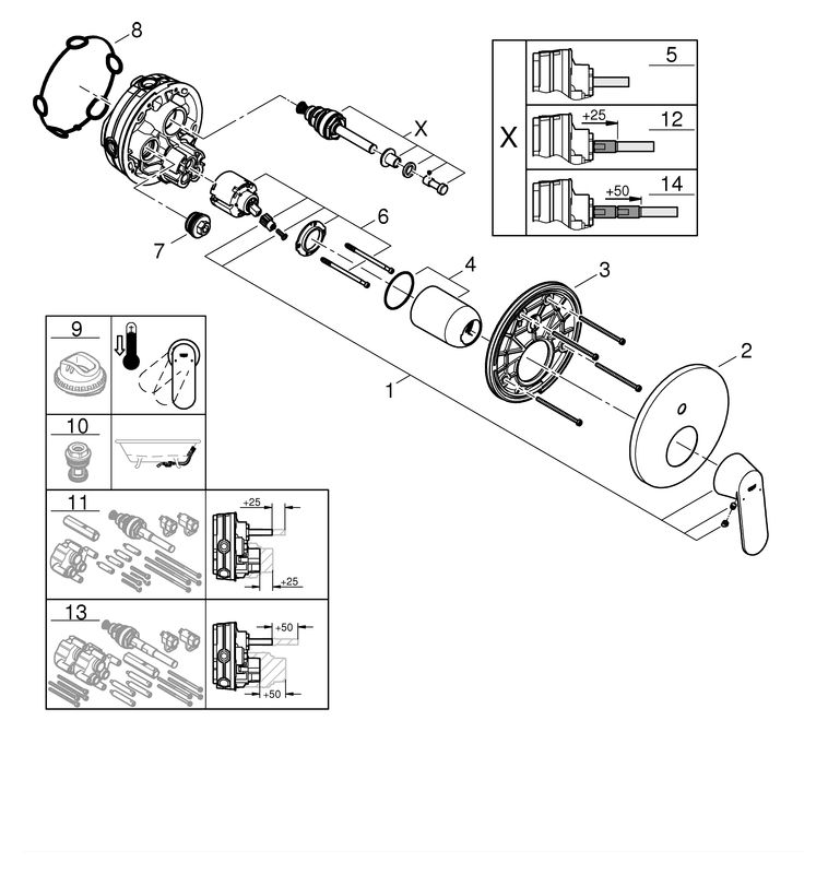 GROHE Fertigmontageset Eurosmart Cosmopolitan UP-Wannen-Einhebelmischer, chrom