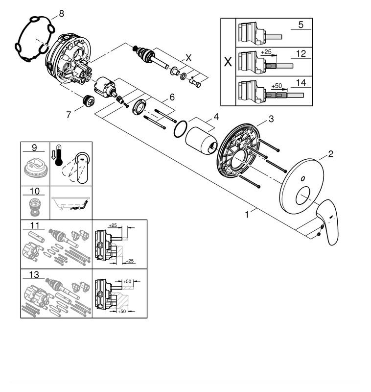 GROHE Fertigmontageset Eurostyle UP-Wannen-Einhebelmischer, geschlossener Metall-Hebelgriff, chrom