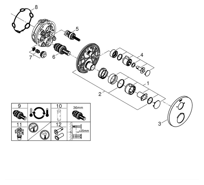 GROHE Fertigmontageset Grohtherm UP-Brause-Thermostat, mit integrierter 2-Wege-Umstellung, rund, chrom