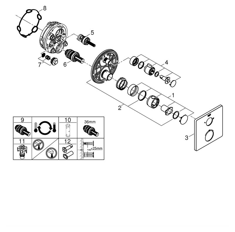 GROHE Fertigmontageset Grohtherm UP-Brause-Thermostat, mit integrierter 2-Wege-Umstellung, eckig, chrom