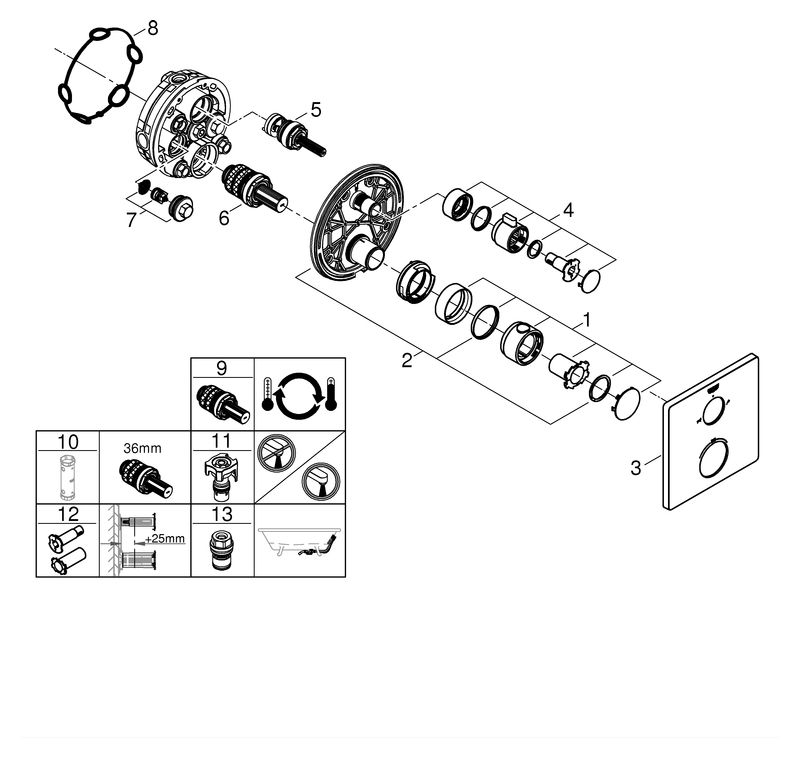 GROHE Fertigmontageset Grohtherm UP-Wannen-Thermostat mit integrierter 2-Wege-Umstellung, eckig, chrom