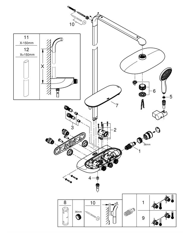 GROHE Duschsystem Rainshower SmartControl Duo 360 mit AP-Thermostat, Wandmontage, moon white