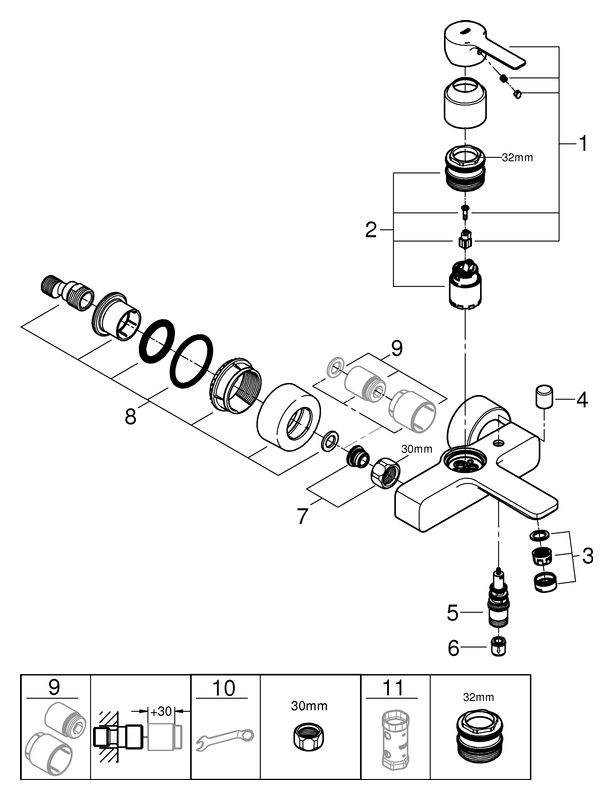 GROHE Wannen-Einhebelmischer Lineare 1/2", Wandmontage, supersteel