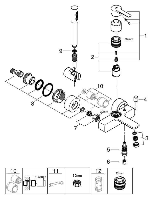 GROHE Wannen-Einhebelmischer Lineare 1/2", mit Brausegarnitur, Wandmontage, chrom