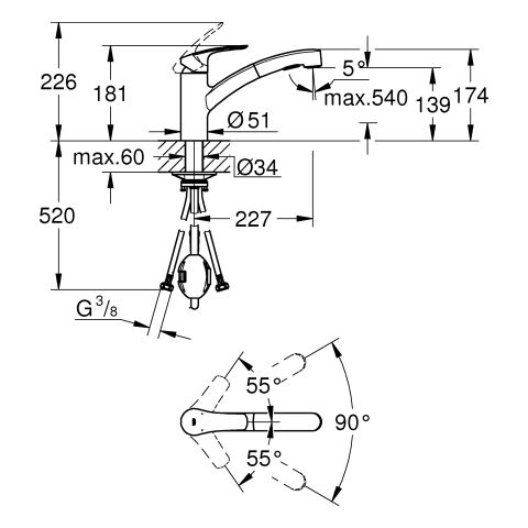 GROHE Spültisch-Einhebelmischer Eurosmart 1/2", flacher Auslauf, herausziehbare Dual Spülbrause, chrom