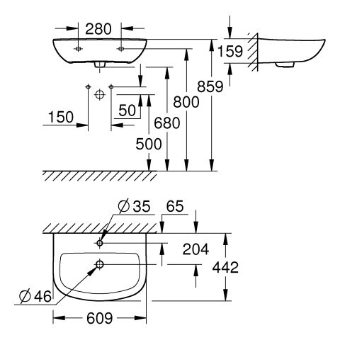 GROHE Waschtisch Bau Keramik 60,9 x 44,2 cm, 1 Hahnloch, mit Überlauf, wandhängend, alpinweiß