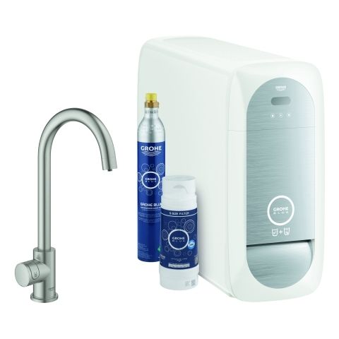 GROHE Spültisch-Einhebelmischer Blue Home C-Auslauf, Mono Starter Kit, supersteel