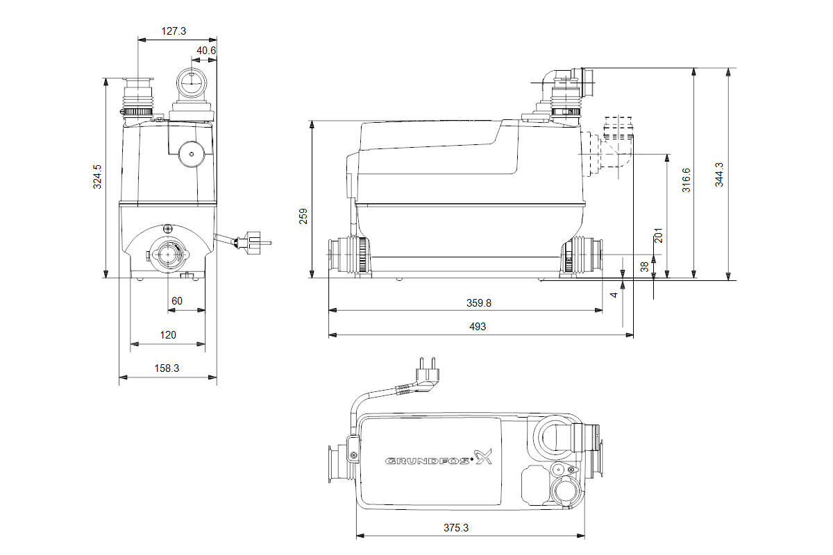 Grundfos Kleinhebeanlage Sololift2 Typ C-3 446 x 159 x 339 mm, 0,64 kW, 1 x 230-240 V
