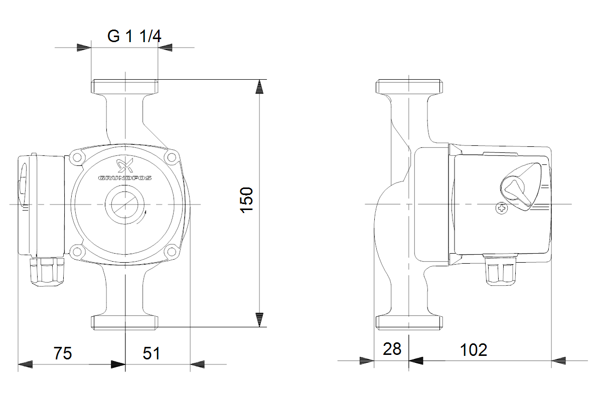 Grundfos Umwälzpumpe Serie 100 UPS 25-60 N, 230 V, G 1 1/2, 180 mm, Edelstahl