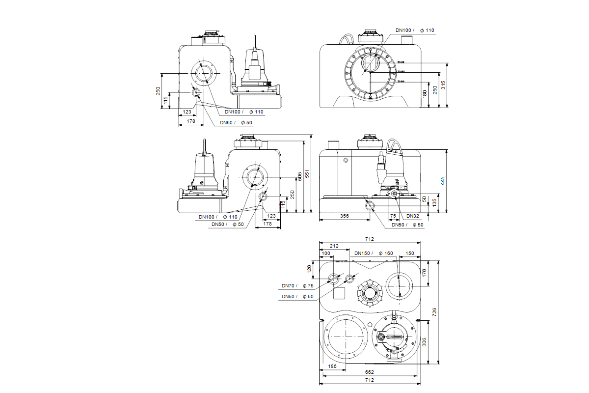 Grundfos Hebeanlage Multilift MOG.12.1.2, 1,2 kW, 93 l Behältervolumen, 230 V