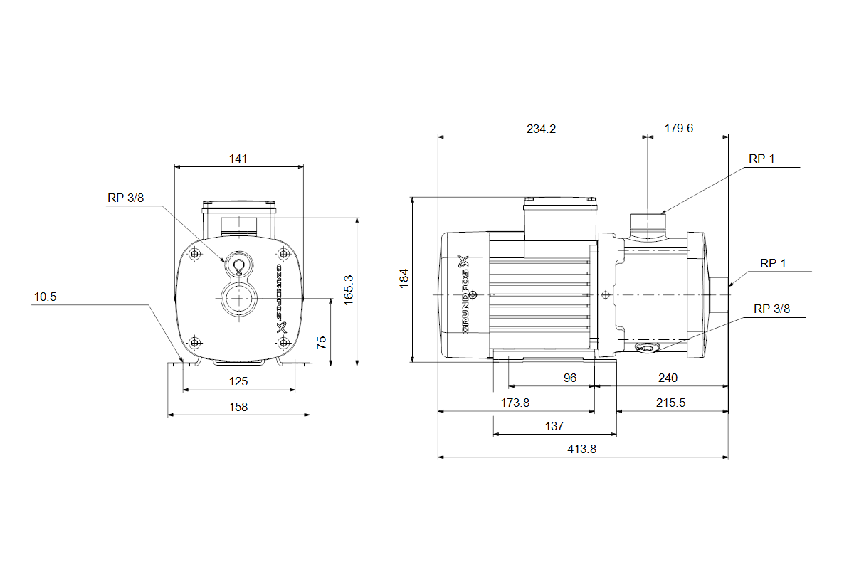 Grundfos Kreiselpumpe CM-G 1-4 AQQE, 0,3 kW, 2,2 A, horizontal, 1x 220-230 V