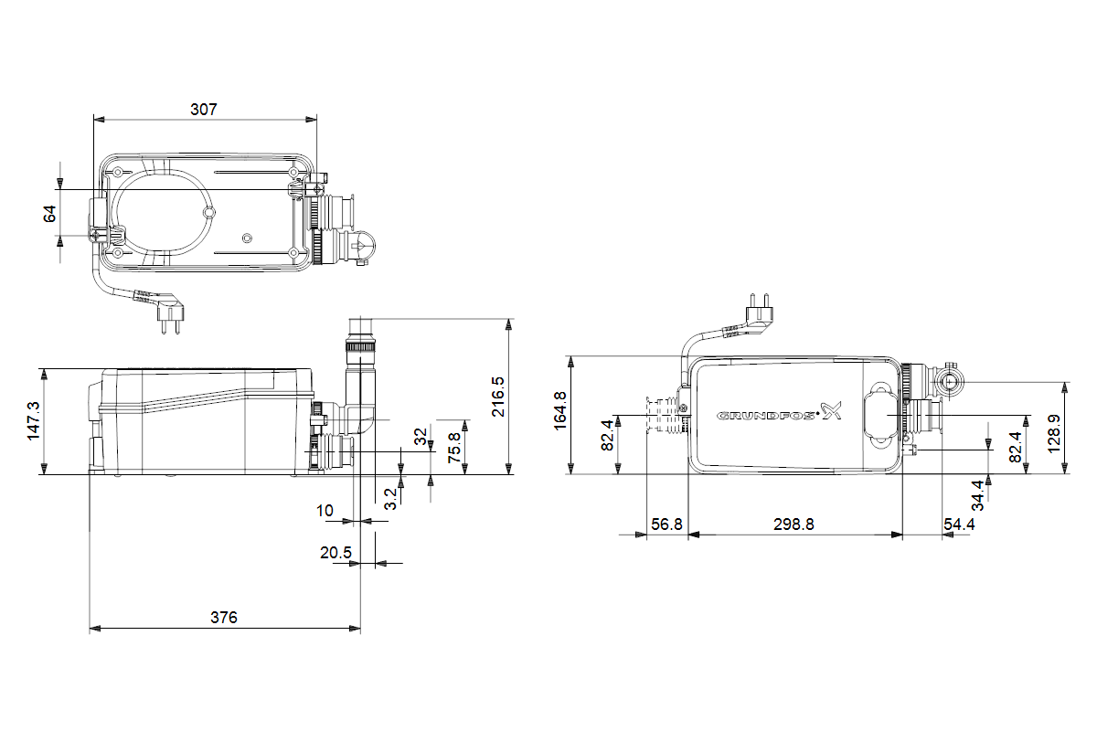 Grundfos Kleinhebeanlage Sololift2 D-2 280 W, 1,3 A, 220-240 V