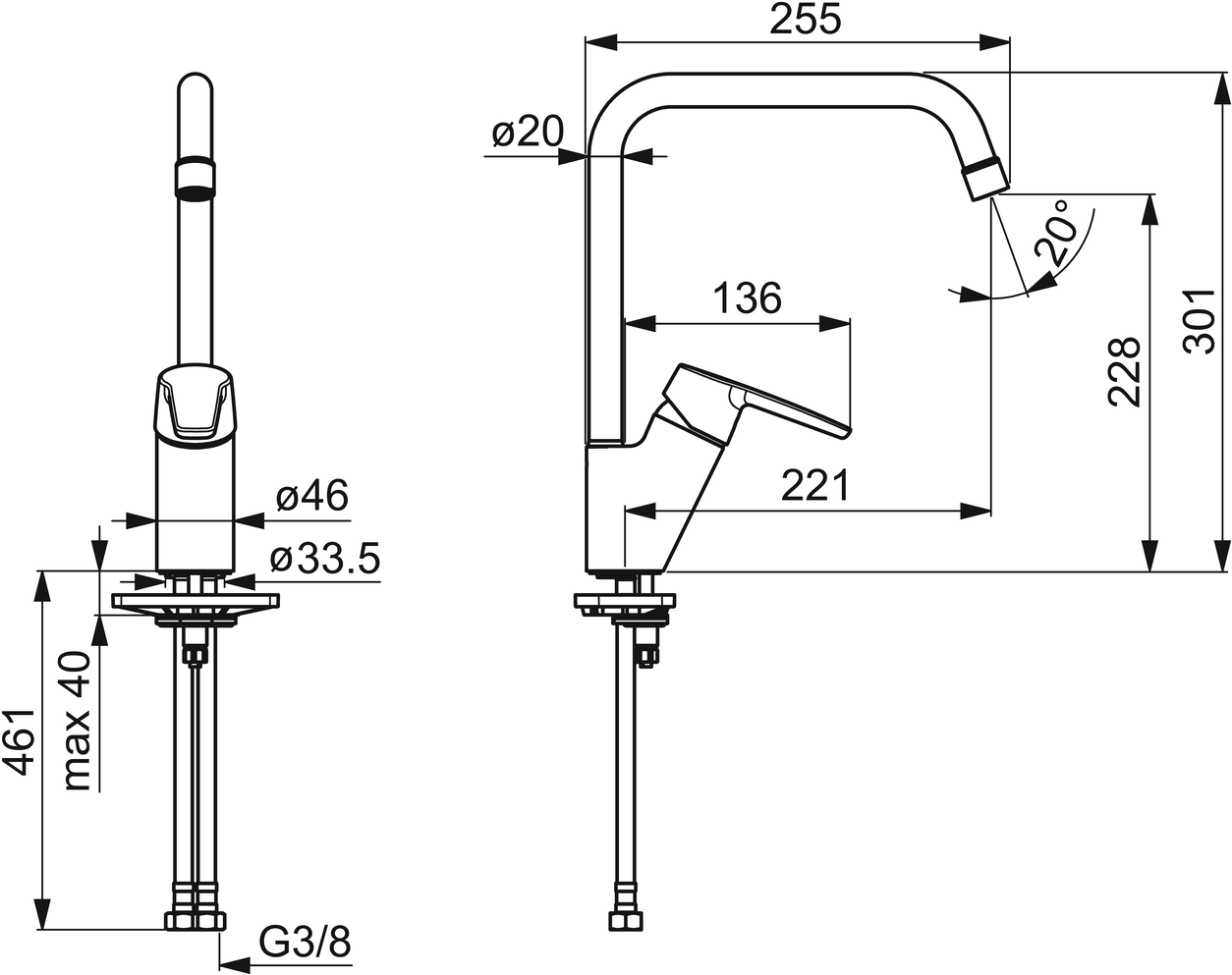 HANSA Spültisch-Einhebelmischer HANSAPOLO Eco schwenkbarer Auslauf, Ausladung 221mm, chrom
