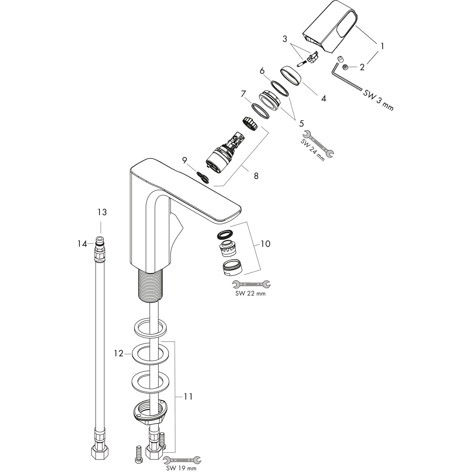 hansgrohe Waschtisch-Einhebelmischer 130 Axor Urquiola Ausladung 139mm, unverschließbare Ablaufgarnitur, chrom