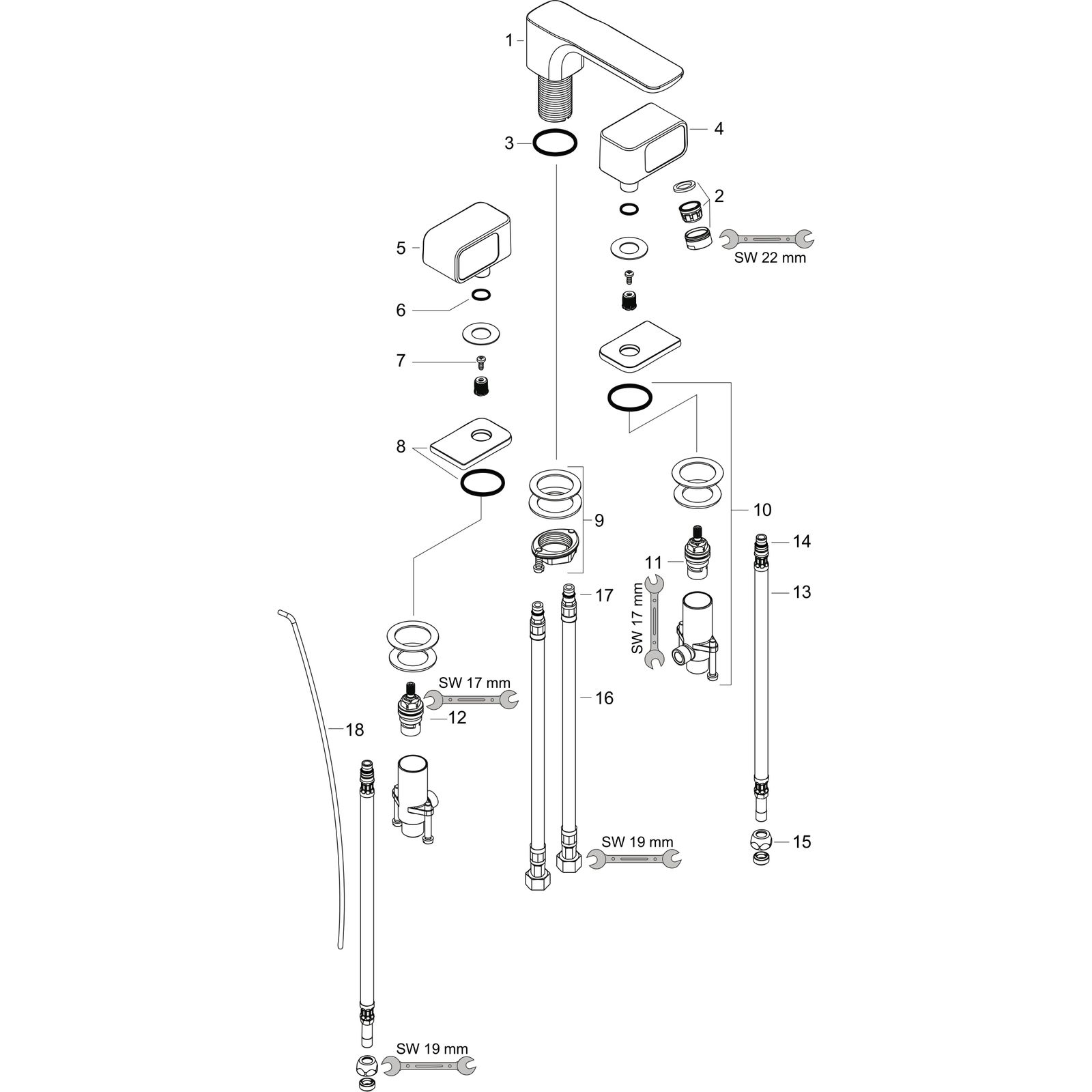 hansgrohe 3-Loch-Waschtischarmatur 50 Axor Urquiola Ausladung 180mm, mit Zugstangen-Ablaufgarnitur, Rosetten, chrom