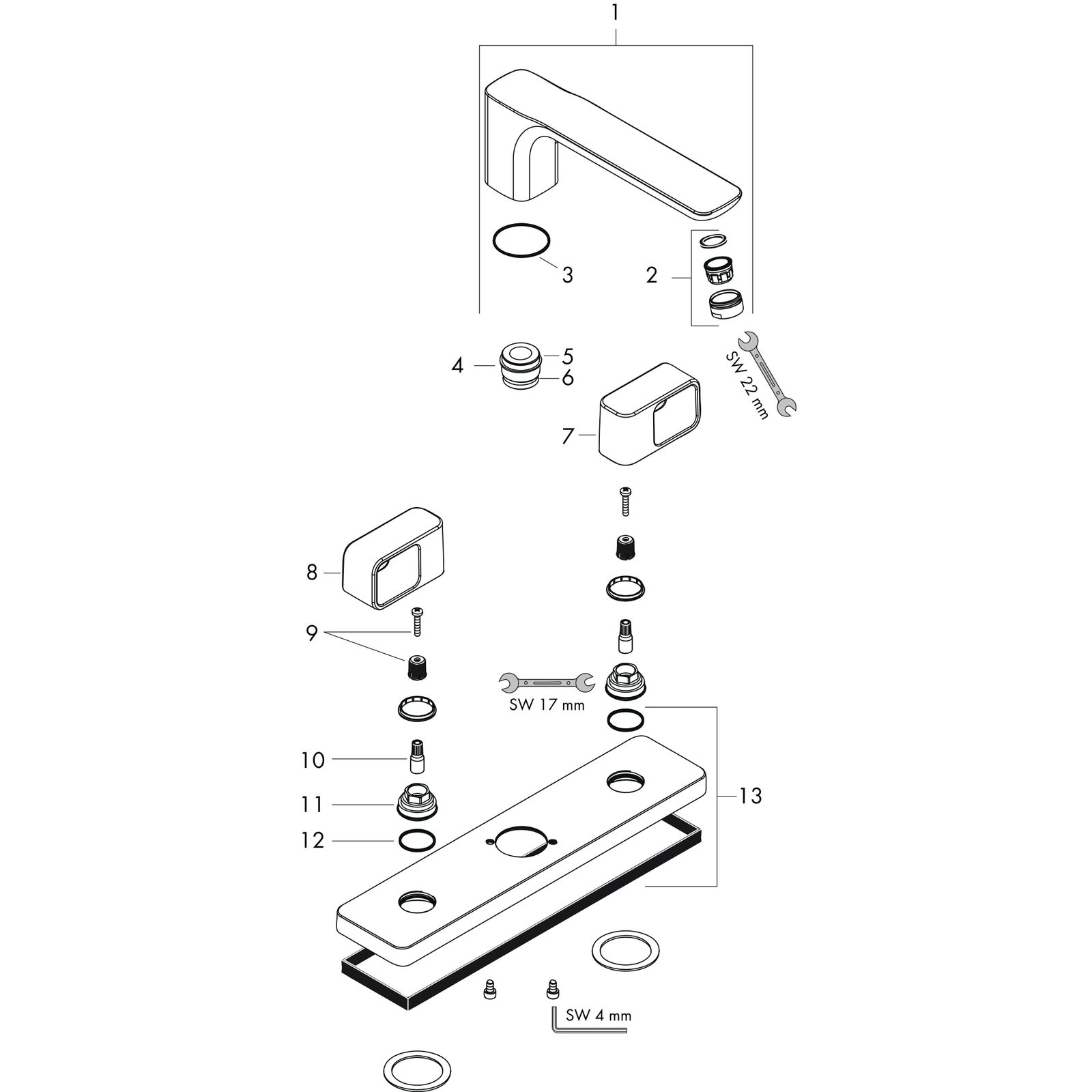 hansgrohe Fertigmontageset Axor Urquiola 3-Loch-Wannenrandarmatur, Ausladung 198mm, chrom