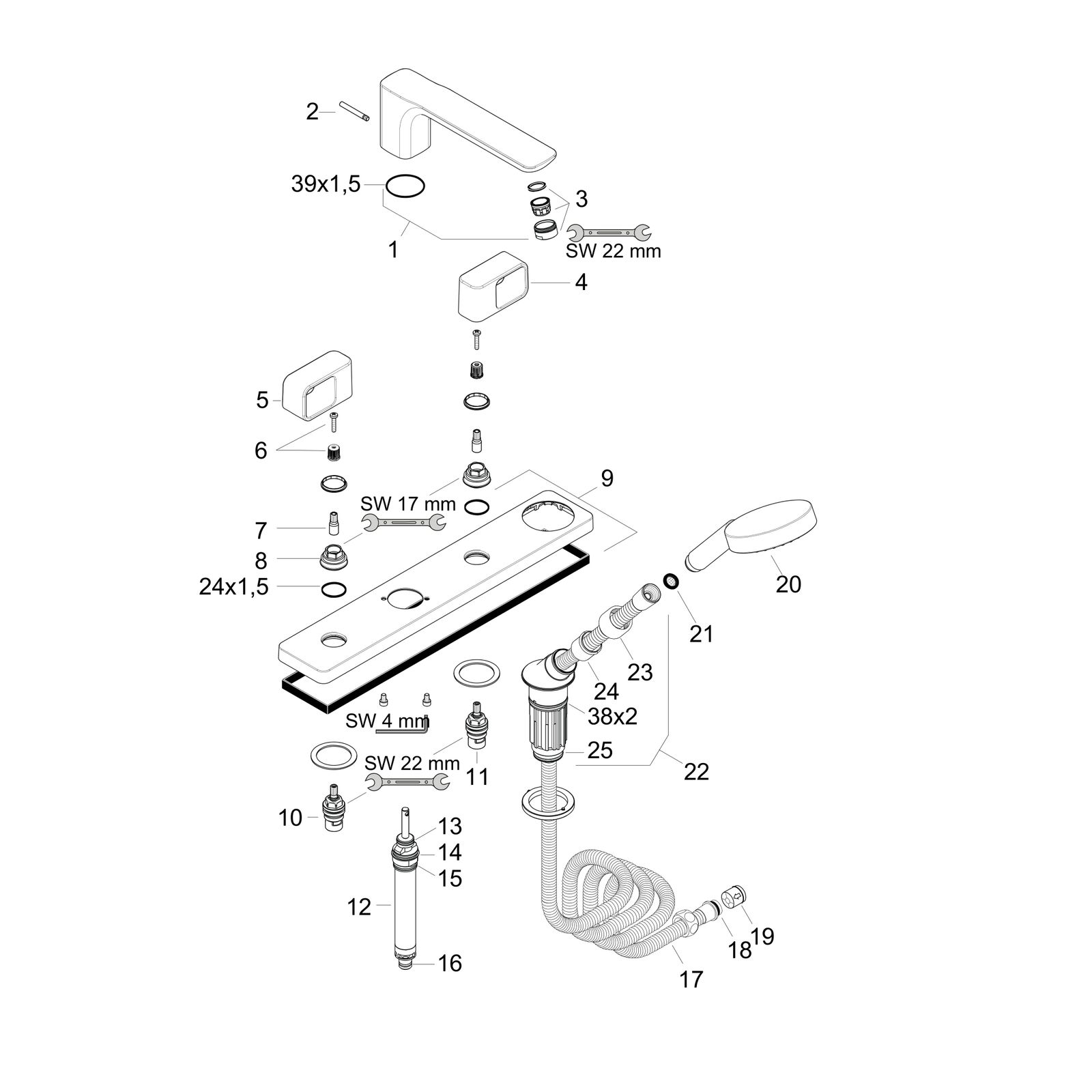 hansgrohe Fertigmontageset Axor Urquiola 4-Loch-Wannenrandarmatur, Ausladung 198mm, chrom