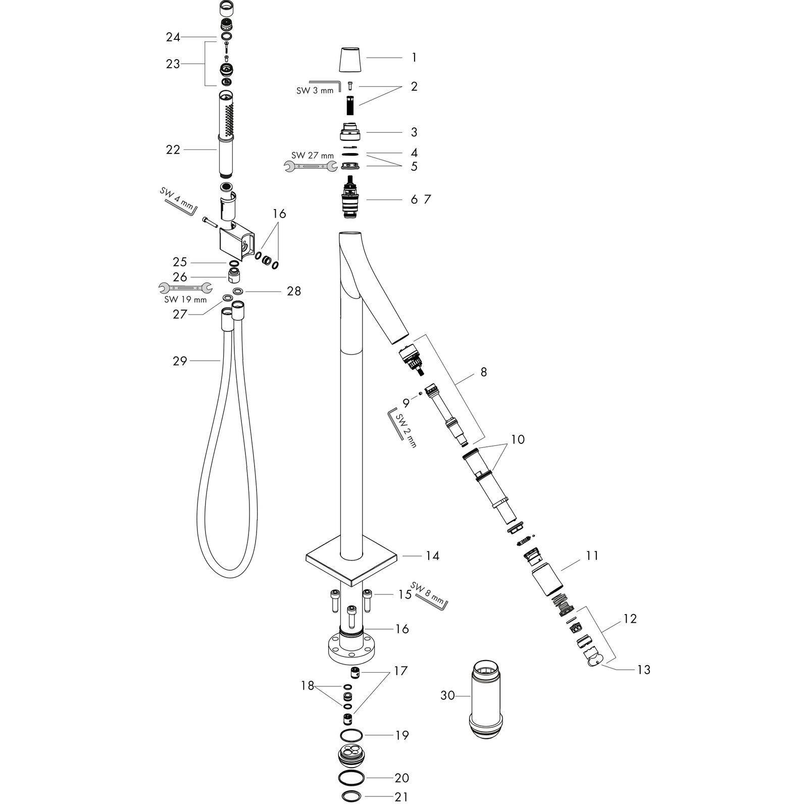 hansgrohe Fertigmontageset Axor Starck Organic Wannenthermostat, Ausladung 175mm, bodenstehend, chrom