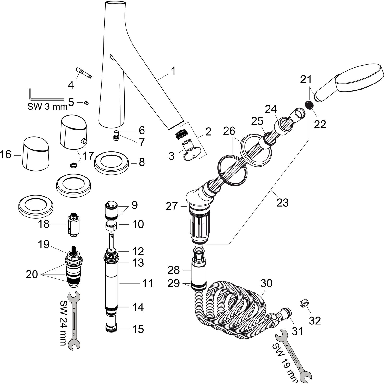 hansgrohe Fertigmontageset Axor Starck Organic 4-Loch-Wannenrandarmatur, mit Thermostat, chrom