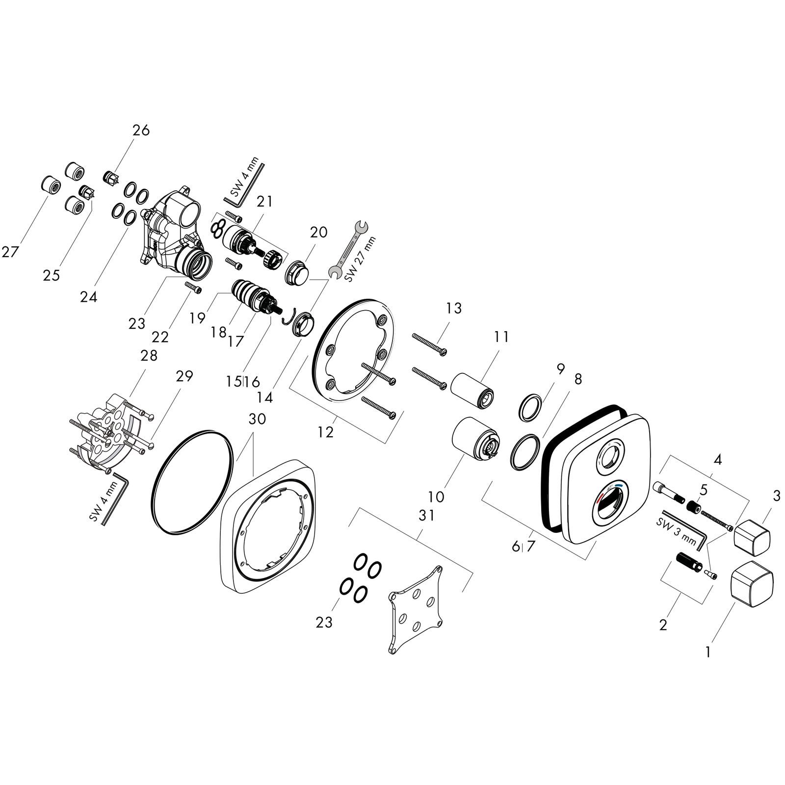 hansgrohe Fertigmontageset Ecostat E 2 Verbraucher, UP-Thermostat, chrom