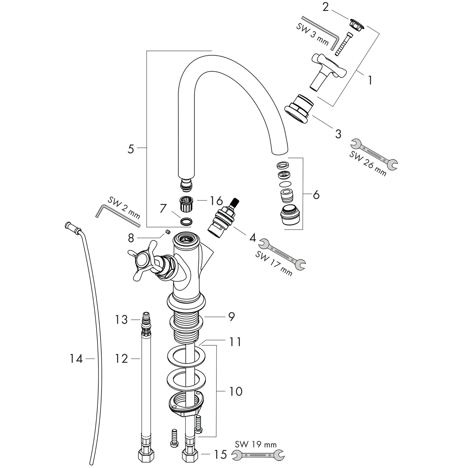 hansgrohe 2-Griff-Waschtischarmatur 210 Axor Montreux Ausladung 175mm, mit Kreuzgriffen, mit Zugstangen-Ablaufgarnitur, brushed nickel
