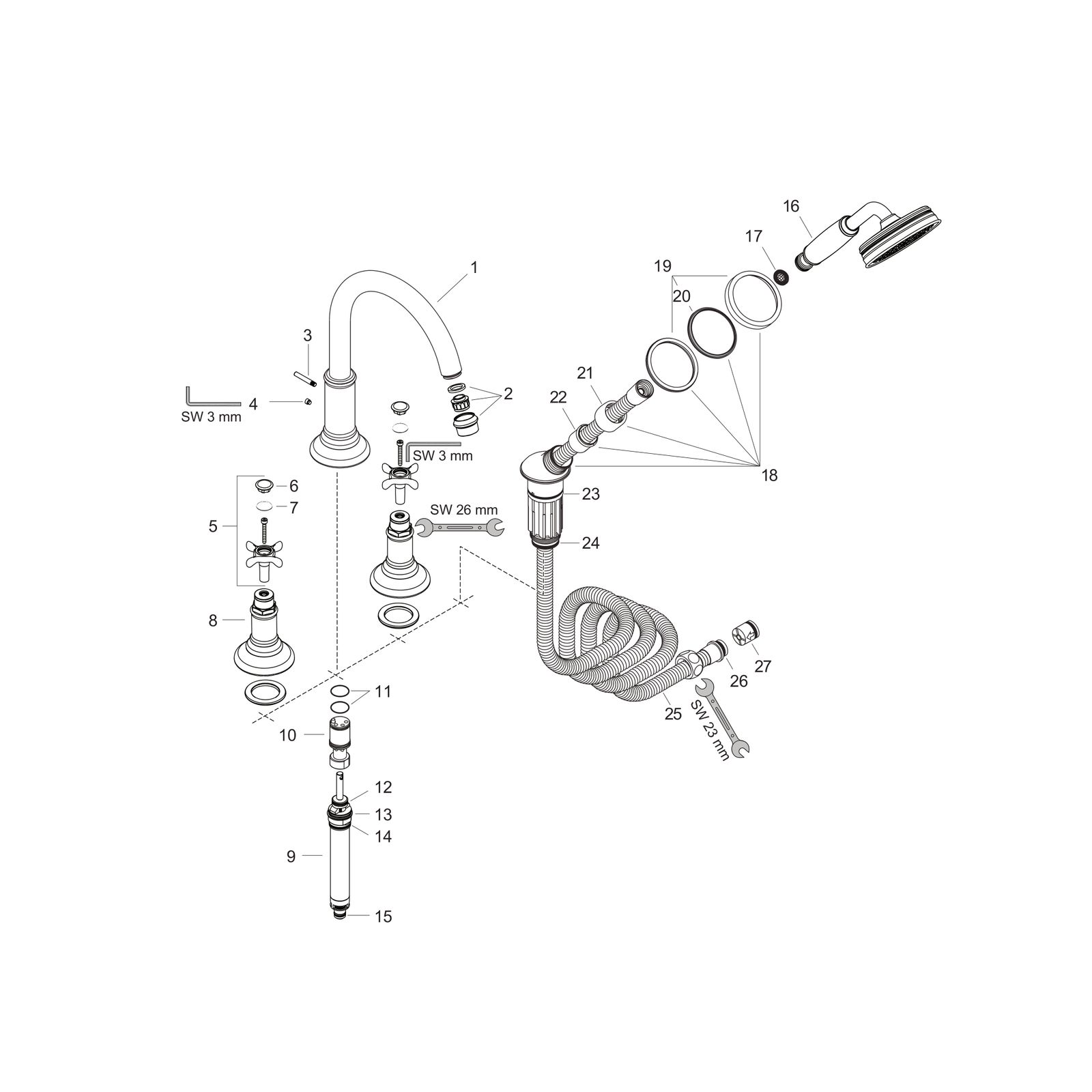 hansgrohe Fertigmontageset Axor Montreux 4-Loch-Wannenrandarmatur, mit Kreuzgriffen, brushed nickel