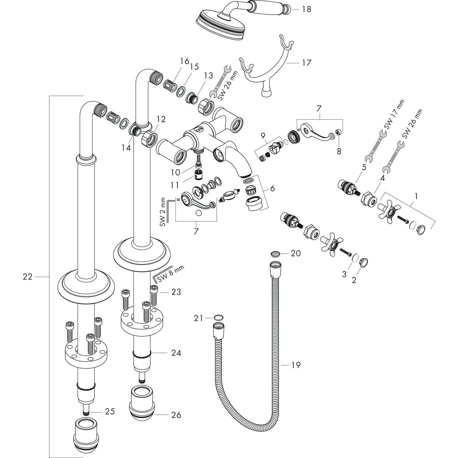hansgrohe Fertigmontageset Axor Montreux 2-Griff-Wannen-Armatur, bodenstehend, mit Kreuzgriffen, chrom