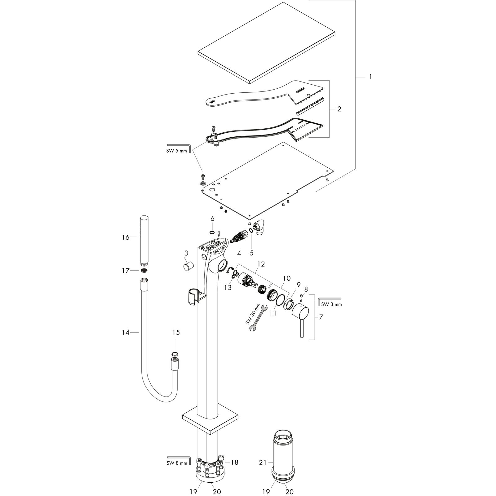 hansgrohe Fertigmontageset Axor Massaud Wannen-Einhebelmischer, bodenstehend, brushed brass