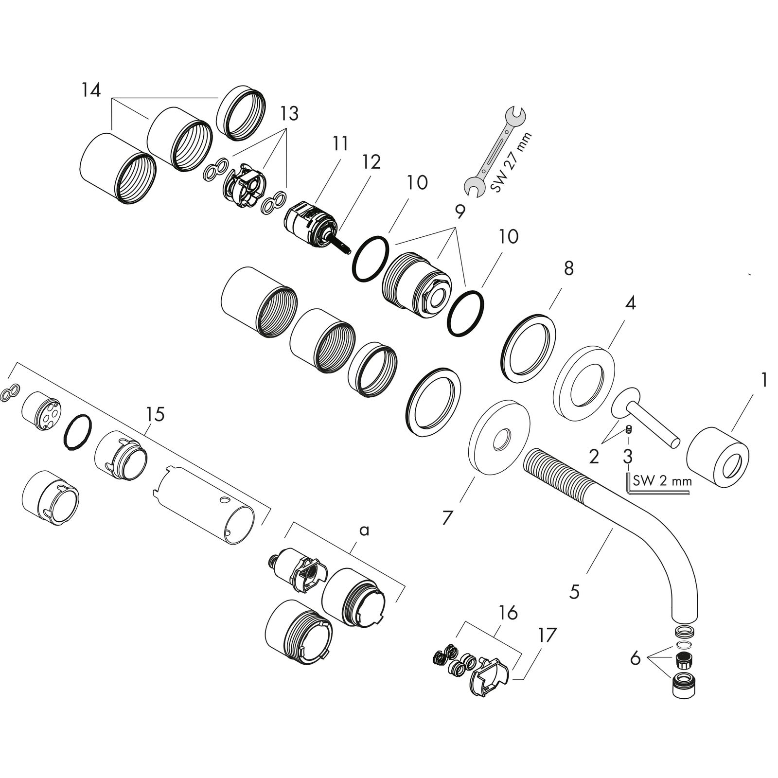 hansgrohe Fertigmontageset Axor Uno UP-Waschtisch-Einhebelmischer, Pin-Griff, Rosetten, Ausladung 165 mm, chrom