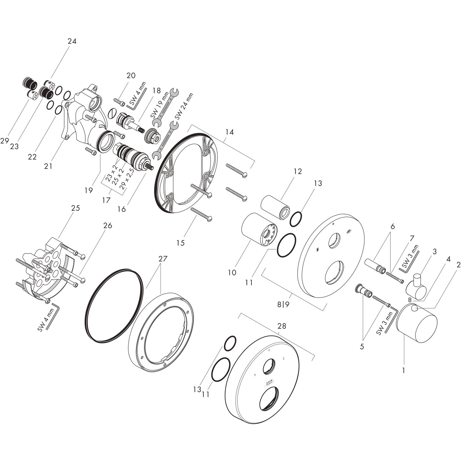 hansgrohe Fertigmontageset Axor Uno UP-Thermostat, mit Ab- und Umstellventil, chrom