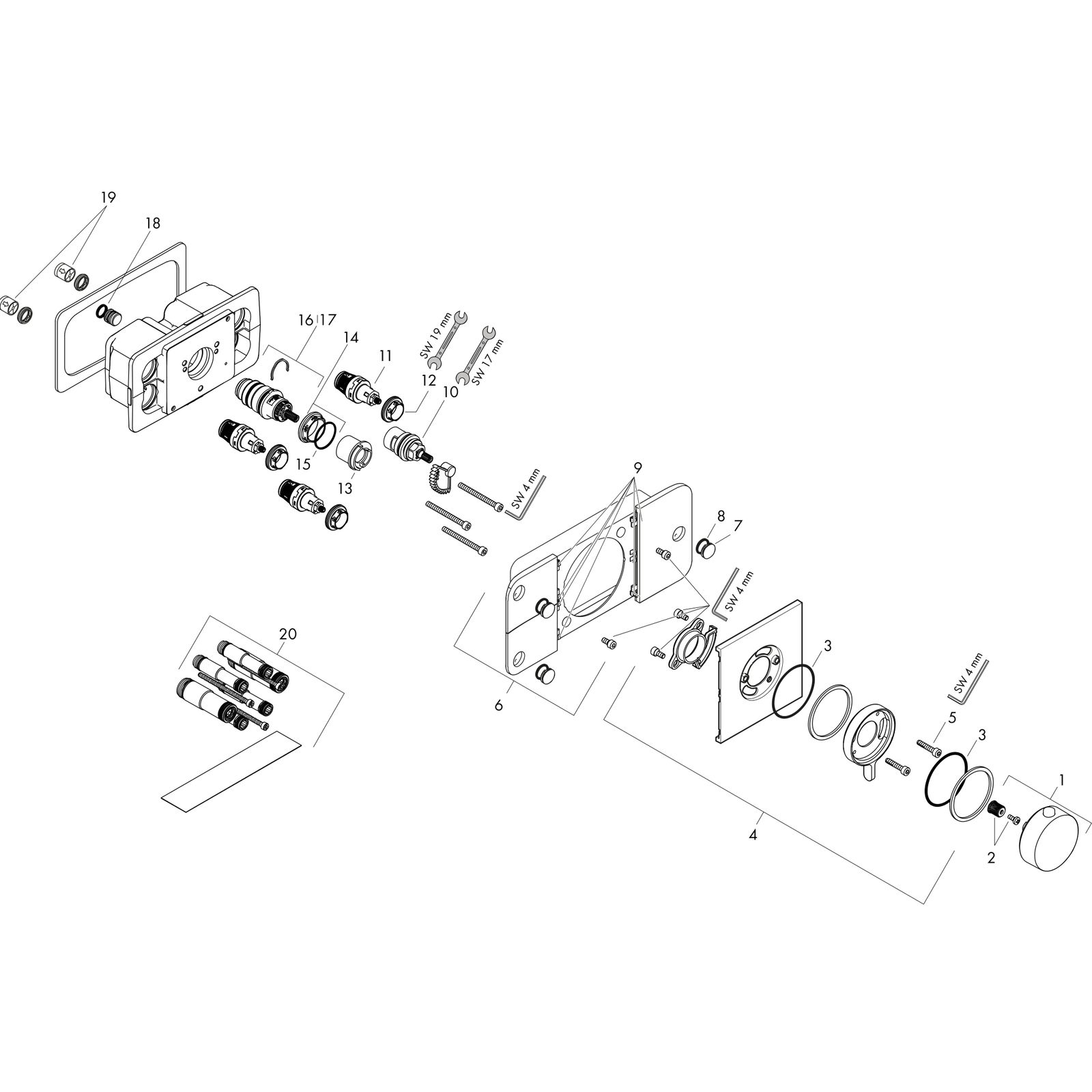 hansgrohe Fertigmontageset Axor One UP-Thermostatmodul, 3 Verbraucher, mattschwarz