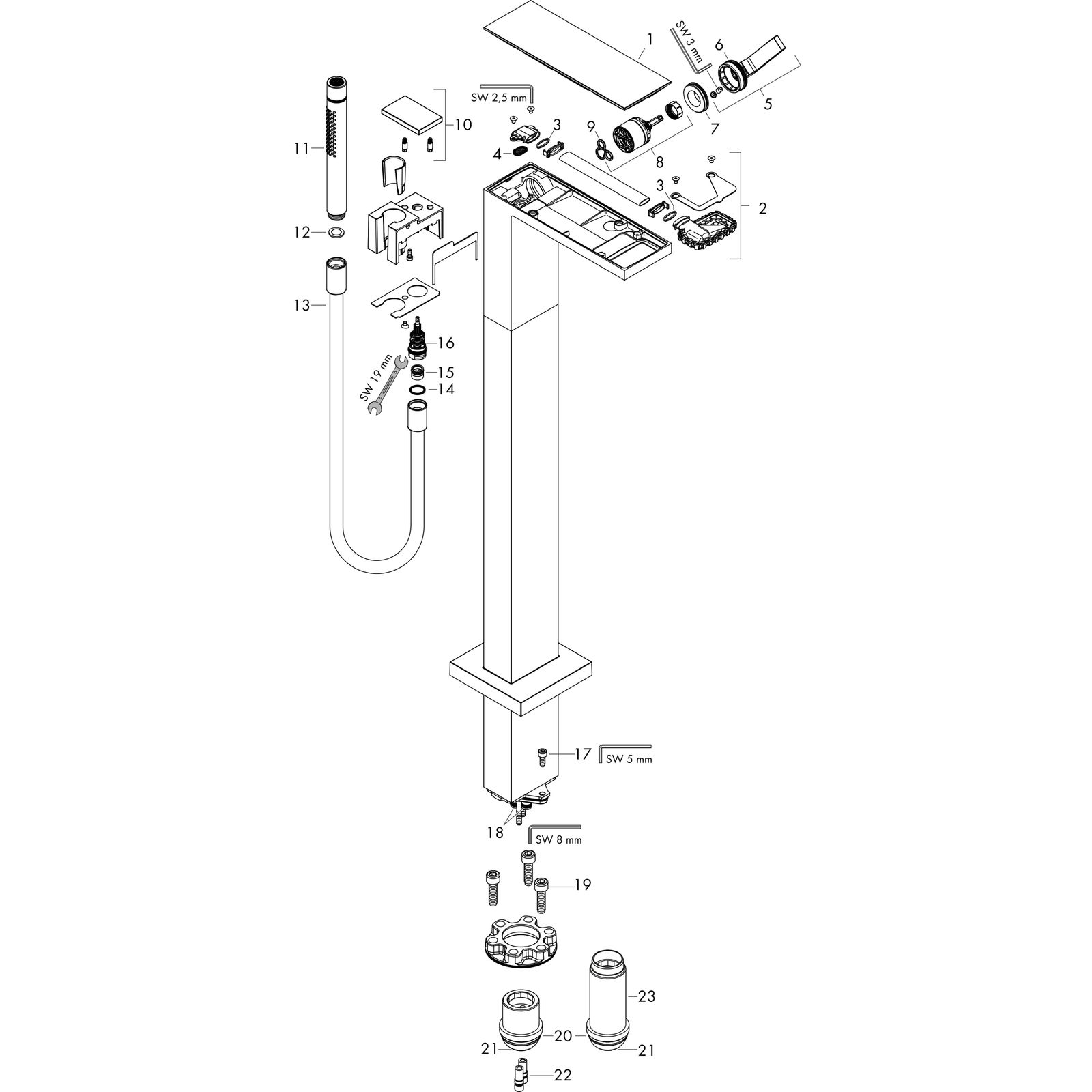 hansgrohe Wannen-Einhebelmischer Axor MyEdition Ausladung 196mm, bodenstehend, mit Platte, chrom/Schwarzglas
